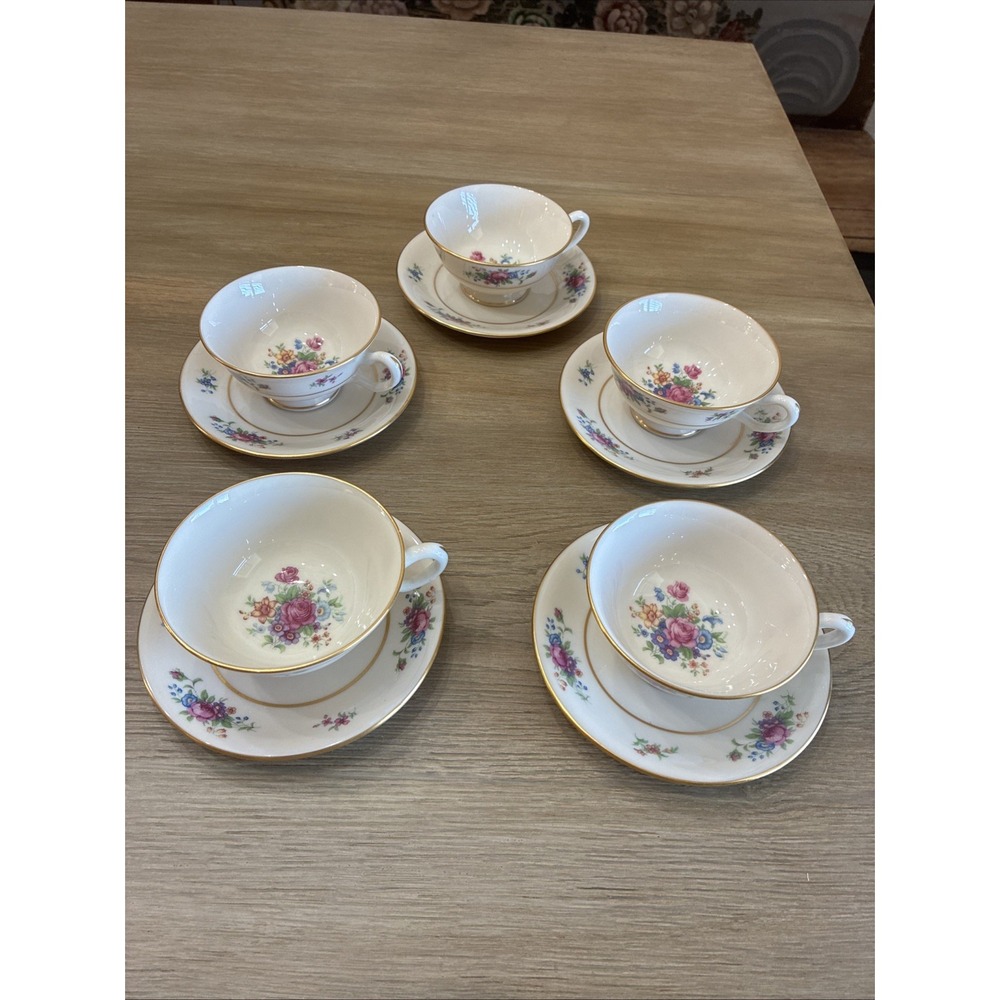 Lenox Rose Cup Saucers J 300 Footed Tea China Set Lot Of 5 Made in the USA